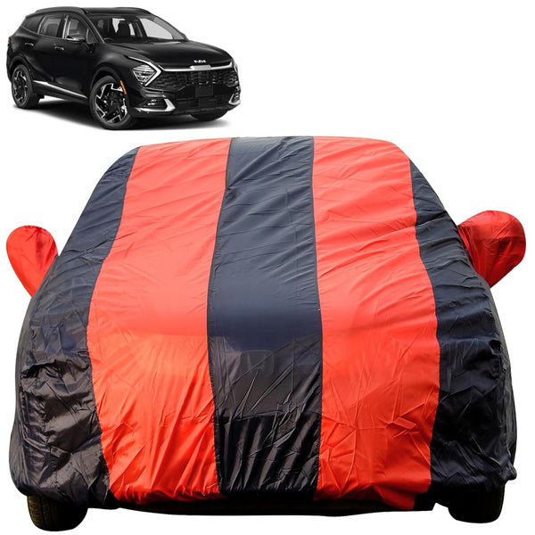 Autofact Sportage Car Cover - EasyShield - Car Body Cover for Kia Sportage - With Mirror Pockets, Triple Stitched, Bottom Fully Elastic, Adjustable Belt and Buckle (Red Blue Stripes)