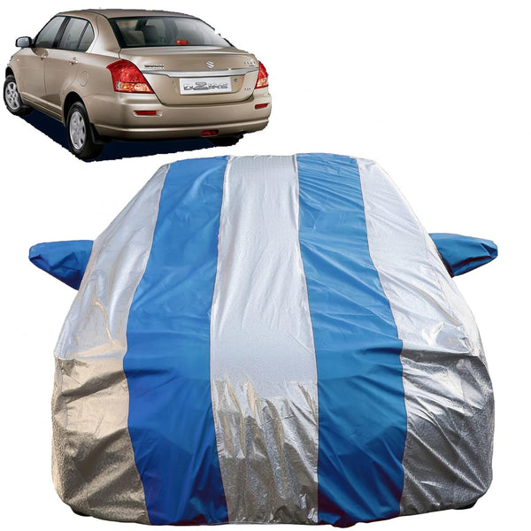 Autofact Swift Dzire Old Model Car Cover - FlexGuard - Waterproof Car Body Cover for Maruti Swift Dzire Old Model - With Mirror Pockets, Triple Stitched, Bottom Fully Elastic, Adjustable Belt and Buckle (Silver / Blue Stripes)