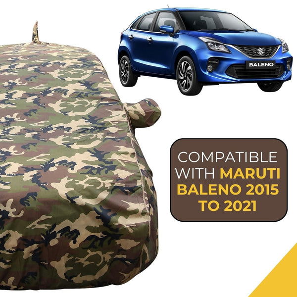 Autofact Baleno Car Cover - TearTough - Dog Proof / Waterproof Car Body Cover for Maruti Baleno - With Mirror & Antenna Pockets, Triple Stitched, Bottom Fully Elastic, Adjustable Belt and Buckle (Jungle Print 4x4)