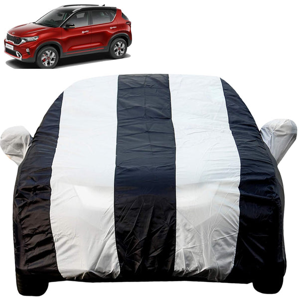 Autofact Sonet Car Cover - EasyShield - Car Body Cover for Kia Sonet - With Mirror Pockets, Triple Stitched, Bottom Fully Elastic, Adjustable Belt and Buckle (White Blue Stripes)