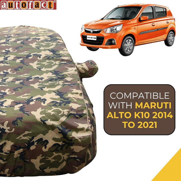 Autofact Alto K10 Old Model Car Cover - TearTough - Dog Proof / Waterproof Car Body Cover for Maruti Alto K10 Old Model - With Mirror Pockets, Triple Stitched, Bottom Fully Elastic, Adjustable Belt and Buckle (Jungle Print 4x4)