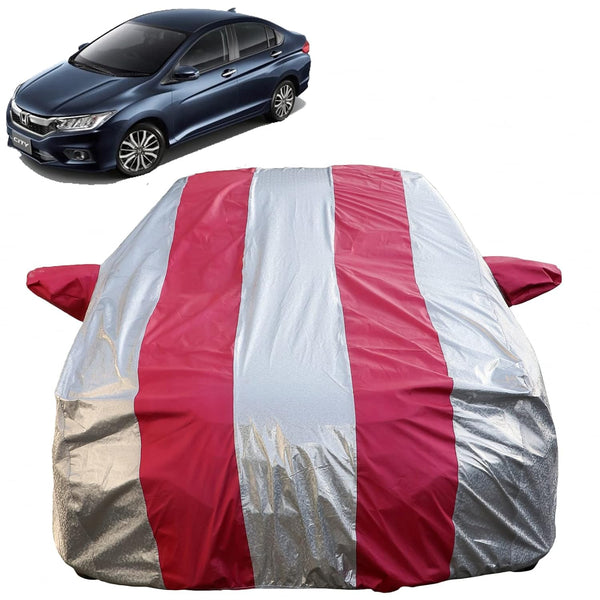 Autofact City Idtech Car Cover - FlexGuard - Waterproof Car Body Cover for Honda City Idtech - With Mirror Pockets, Triple Stitched, Bottom Fully Elastic, Adjustable Belt and Buckle (Silver / Pink Stripes)