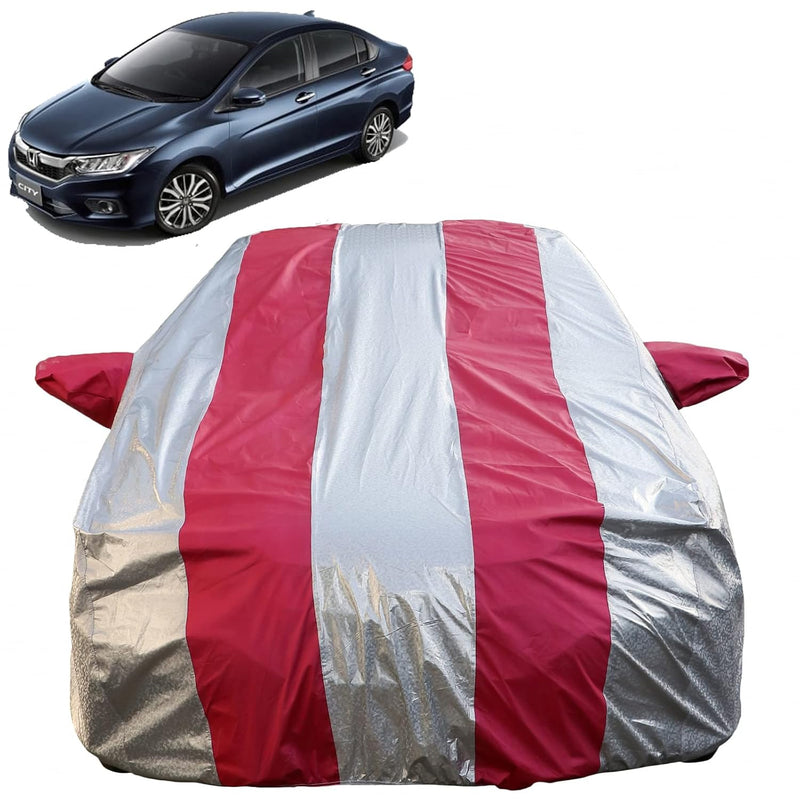 Autofact City Idtech Car Cover - FlexGuard - Waterproof Car Body Cover for Honda City Idtech - With Mirror Pockets, Triple Stitched, Bottom Fully Elastic, Adjustable Belt and Buckle (Silver / Pink Stripes)