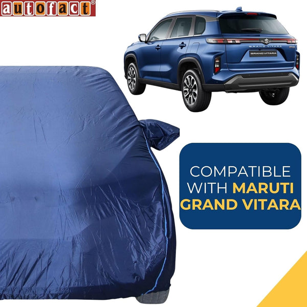 Autofact Grand Vitara Car Cover - CoreProtect - Water Resistant Car Body Cover for Maruti Grand Vitara - With Mirror Pockets, Triple Stitched, Bottom Fully Elastic, Adjustable Belt and Buckle (Navy 210D)
