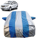 Autofact Sail Car Cover - FlexGuard - Waterproof Car Body Cover for Chevrolet Sail - With Mirror Pockets, Triple Stitched, Bottom Fully Elastic, Adjustable Belt and Buckle (Silver / Blue Stripes)
