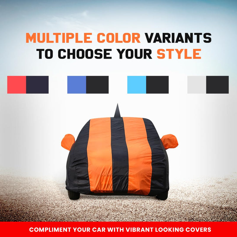Autofact Swift Car Cover - EasyShield - Car Body Cover for Maruti Swift - With Mirror Pockets, Triple Stitched, Bottom Fully Elastic, Adjustable Belt and Buckle (Orange Blue Stripes)