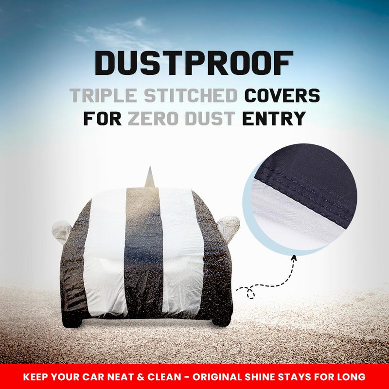 Autofact Swift Car Cover - EasyShield - Car Body Cover for Maruti Swift - With Mirror Pockets, Triple Stitched, Bottom Fully Elastic, Adjustable Belt and Buckle (White Blue Stripes)