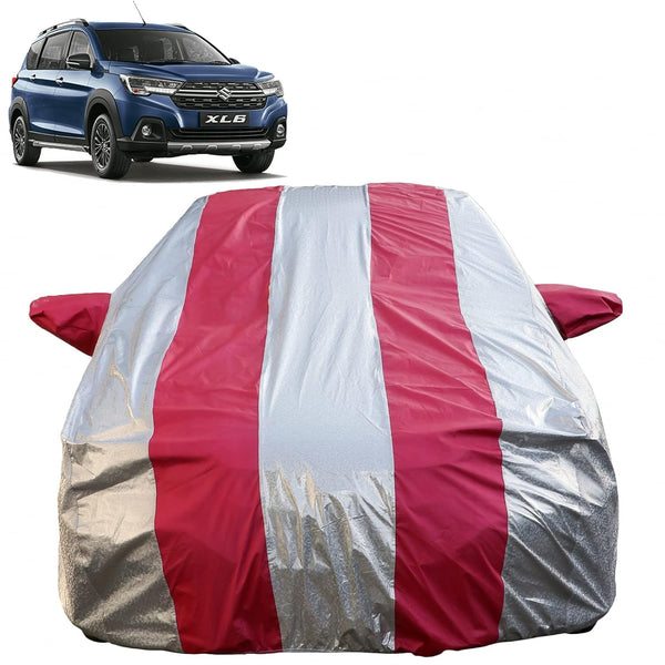 Autofact XL6 Car Cover - FlexGuard - Waterproof Car Body Cover for Maruti XL6 - With Mirror Pockets, Triple Stitched, Bottom Fully Elastic, Adjustable Belt and Buckle (Silver / Pink Stripes)