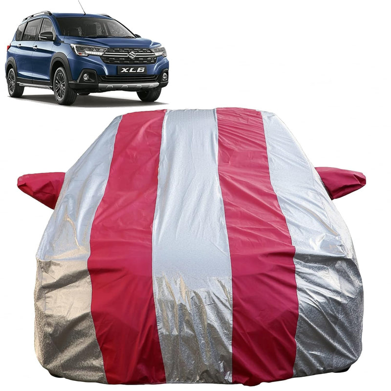 Autofact XL6 Car Cover - FlexGuard - Waterproof Car Body Cover for Maruti XL6 - With Mirror Pockets, Triple Stitched, Bottom Fully Elastic, Adjustable Belt and Buckle (Silver / Pink Stripes)