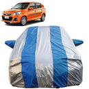 Autofact Alto K10 Old Model Car Cover - FlexGuard - Waterproof Car Body Cover for Maruti Alto K10 Old Model - With Mirror Pockets, Triple Stitched, Bottom Fully Elastic, Adjustable Belt and Buckle (Silver / Blue Stripes)