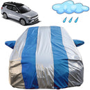 Autofact XUV 400 Car Cover - FlexGuard - Waterproof Car Body Cover for Mahindra XUV 400 - With Mirror Pockets, Triple Stitched, Bottom Fully Elastic, Adjustable Belt and Buckle (Silver / Blue Stripes)