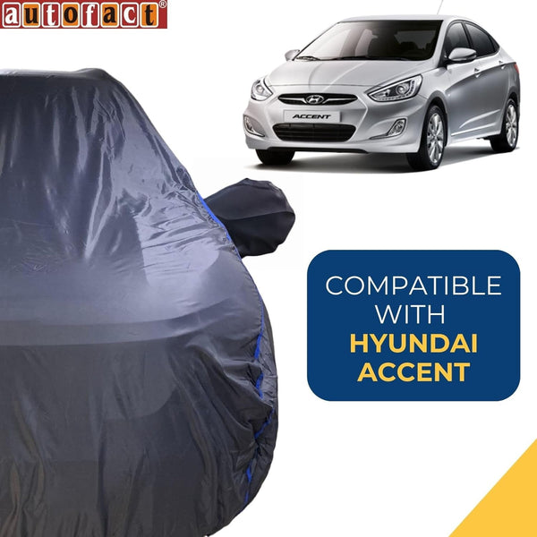 Autofact Accent Car Cover - CoreProtect - Water Resistant Car Body Cover for Hyundai Accent - With Mirror Pockets, Triple Stitched, Bottom Fully Elastic, Adjustable Belt and Buckle (Grey 210D)