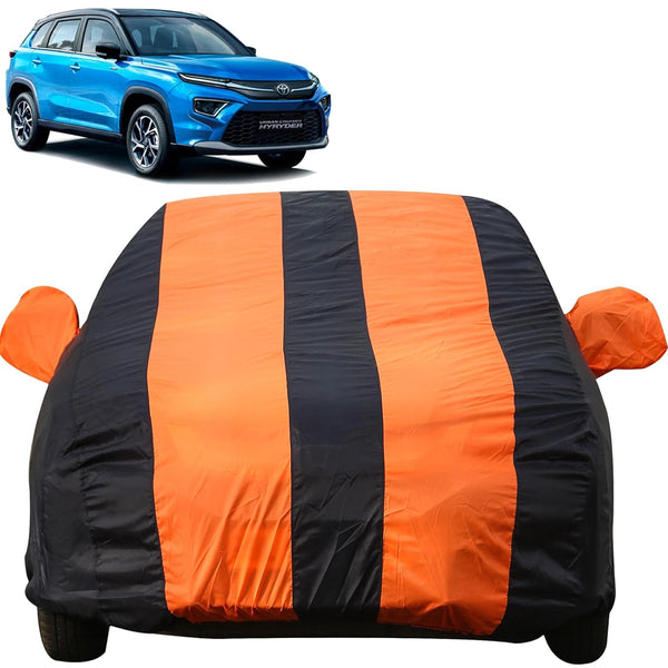 Autofact Urban Cruiser Hyryder Car Cover - EasyShield - Car Body Cover for Toyota Urban Cruiser Hyryder - With Mirror Pockets, Triple Stitched, Bottom Fully Elastic, Adjustable Belt and Buckle (Orange Blue Stripes)
