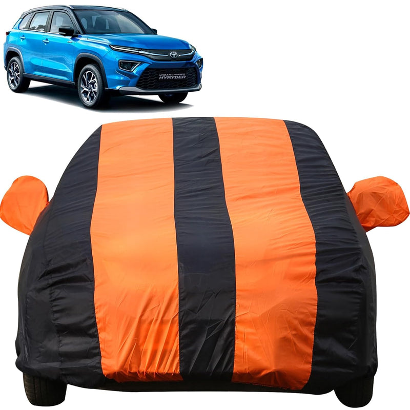 Autofact Urban Cruiser Hyryder Car Cover - EasyShield - Car Body Cover for Toyota Urban Cruiser Hyryder - With Mirror Pockets, Triple Stitched, Bottom Fully Elastic, Adjustable Belt and Buckle (Orange Blue Stripes)
