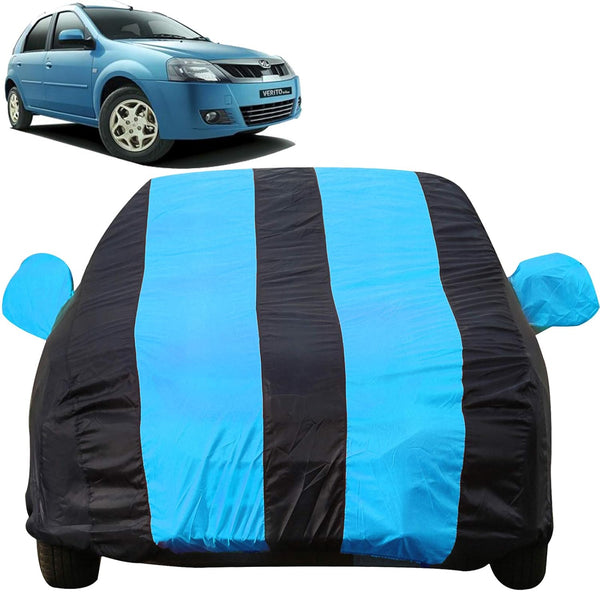 Autofact Verito Car Cover - EasyShield - Car Body Cover for Mahindra Verito - With Mirror Pockets, Triple Stitched, Bottom Fully Elastic, Adjustable Belt and Buckle (Teak Blue Stripes)