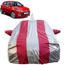Autofact Elite I20 Car Cover - FlexGuard - Waterproof Car Body Cover for Hyundai Elite I20 - With Mirror & Antenna Pockets, Triple Stitched, Bottom Fully Elastic, Adjustable Belt and Buckle (Silver / Pink Stripes)