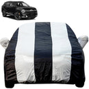 Autofact Sportage Car Cover - EasyShield - Car Body Cover for Kia Sportage - With Mirror Pockets, Triple Stitched, Bottom Fully Elastic, Adjustable Belt and Buckle (White Blue Stripes)