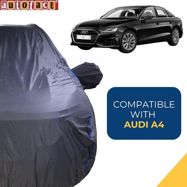 Autofact A4 Car Cover - CoreProtect - Water Resistant Car Body Cover for Audi A4 - With Mirror Pockets, Triple Stitched, Bottom Fully Elastic, Adjustable Belt and Buckle (Grey 210D)