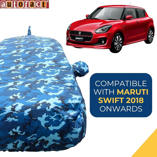 Autofact Swift Car Cover - TearTough - Dog Proof / Waterproof Car Body Cover for Maruti Swift - With Mirror & Antenna Pockets, Triple Stitched, Bottom Fully Elastic, Adjustable Belt and Buckle (Airforce Blue 4x4)