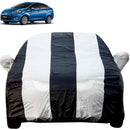 Autofact Fiesta  Car Cover - EasyShield - Car Body Cover for Ford Fiesta  - With Mirror Pockets, Triple Stitched, Bottom Fully Elastic, Adjustable Belt and Buckle (White Blue Stripes)