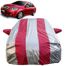 Autofact Aveo Car Cover - FlexGuard - Waterproof Car Body Cover for Chevrolet Aveo - With Mirror Pockets, Triple Stitched, Bottom Fully Elastic, Adjustable Belt and Buckle (Silver / Pink Stripes)