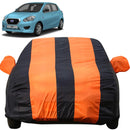 Autofact Datsun Go Car Cover - EasyShield - Car Body Cover for Nissan Datsun Go - With Mirror Pockets, Triple Stitched, Bottom Fully Elastic, Adjustable Belt and Buckle (Orange Blue Stripes)