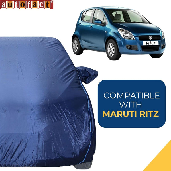 Autofact Ritz Car Cover - CoreProtect - Water Resistant Car Body Cover for Maruti Ritz - With Mirror Pockets, Triple Stitched, Bottom Fully Elastic, Adjustable Belt and Buckle (Navy 210D)