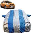 Autofact Micra Car Cover - FlexGuard - Waterproof Car Body Cover for Nissan Micra - With Mirror Pockets, Triple Stitched, Bottom Fully Elastic, Adjustable Belt and Buckle (Silver / Blue Stripes)