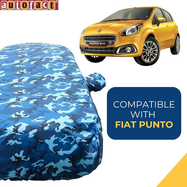 Autofact Punto Car Cover - TearTough - Dog Proof / Waterproof Car Body Cover for Fiat Punto - With Mirror Pockets, Triple Stitched, Bottom Fully Elastic, Adjustable Belt and Buckle (Airforce Blue 4x4)