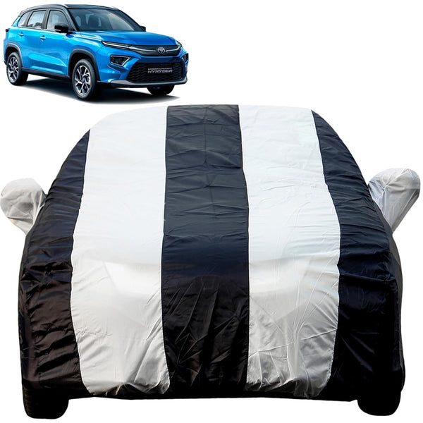 Autofact Urban Cruiser Hyryder Car Cover - EasyShield - Car Body Cover for Toyota Urban Cruiser Hyryder - With Mirror Pockets, Triple Stitched, Bottom Fully Elastic, Adjustable Belt and Buckle (White Blue Stripes)
