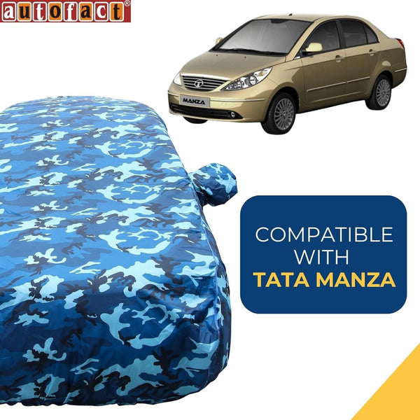 Autofact Manza Car Cover - TearTough - Dog Proof / Waterproof Car Body Cover for Tata Manza - With Mirror Pockets, Triple Stitched, Bottom Fully Elastic, Adjustable Belt and Buckle (Airforce Blue 4x4)