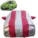 Autofact Brio Car Cover - FlexGuard - Waterproof Car Body Cover for Honda Brio - With Mirror Pockets, Triple Stitched, Bottom Fully Elastic, Adjustable Belt and Buckle (Silver / Pink Stripes)