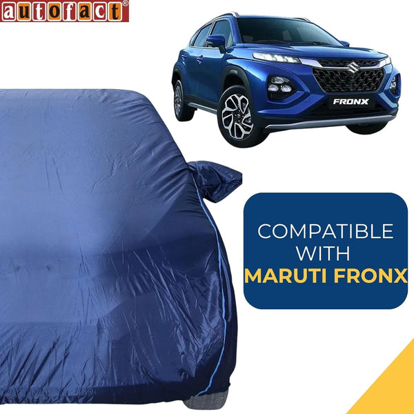 Autofact Fronx Car Cover - CoreProtect - Water Resistant Car Body Cover for Maruti Fronx - With Mirror Pockets, Triple Stitched, Bottom Fully Elastic, Adjustable Belt and Buckle (Navy 210D)