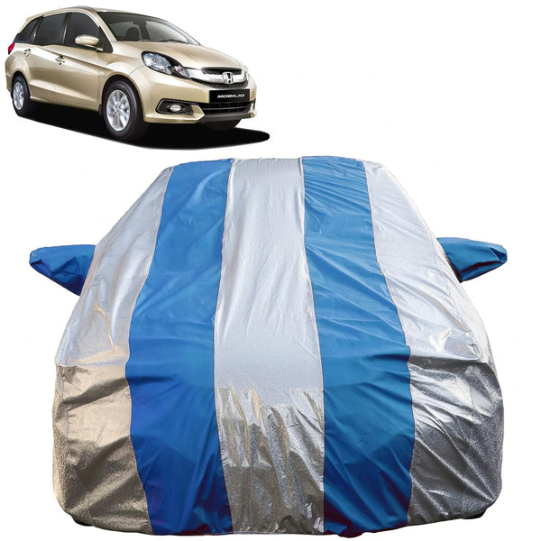 Autofact Mobilio Car Cover - FlexGuard - Waterproof Car Body Cover for Honda Mobilio - With Mirror Pockets, Triple Stitched, Bottom Fully Elastic, Adjustable Belt and Buckle (Silver / Blue Stripes)