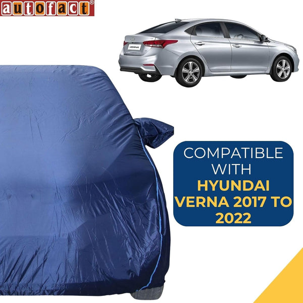 Autofact NexGen Verna Car Cover - CoreProtect - Water Resistant Car Body Cover for Hyundai NexGen Verna - With Mirror Pockets, Triple Stitched, Bottom Fully Elastic, Adjustable Belt and Buckle (Navy 210D)