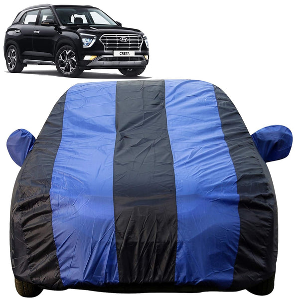 Autofact Creta New Car Cover - EasyShield - Waterproof Car Body Cover for Hyundai Creta New - With Mirror Pockets, Triple Stitched, Bottom Fully Elastic, Adjustable Belt and Buckle (Royal Blue Stripes)