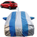 Autofact Tigor Car Cover - FlexGuard - Waterproof Car Body Cover for Tata Tigor - With Mirror & Antenna Pockets, Triple Stitched, Bottom Fully Elastic, Adjustable Belt and Buckle (Silver / Blue Stripes)