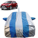 Autofact i20 Active Car Cover - FlexGuard - Waterproof Car Body Cover for Hyundai i20 Active - With Mirror & Antenna Pockets, Triple Stitched, Bottom Fully Elastic, Adjustable Belt and Buckle (Silver / Blue Stripes)
