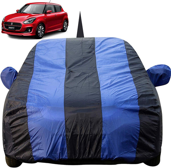 Autofact Swift Car Cover - EasyShield - Car Body Cover for Maruti Swift - With Mirror Pockets, Triple Stitched, Bottom Fully Elastic, Adjustable Belt and Buckle (Royal Blue Stripes)