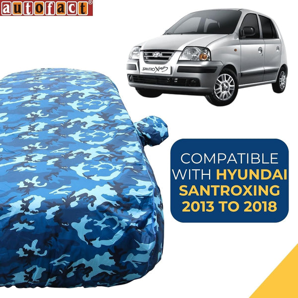 Autofact Santro Xing Car Cover - TearTough - Dog Proof / Waterproof Car Body Cover for Hyundai Santro Xing - With Mirror Pockets, Triple Stitched, Bottom Fully Elastic, Adjustable Belt and Buckle (Airforce Blue 4x4)
