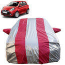 Autofact Pulse Car Cover - FlexGuard - Waterproof Car Body Cover for Renaults Pulse - With Mirror Pockets, Triple Stitched, Bottom Fully Elastic, Adjustable Belt and Buckle (Silver / Pink Stripes)