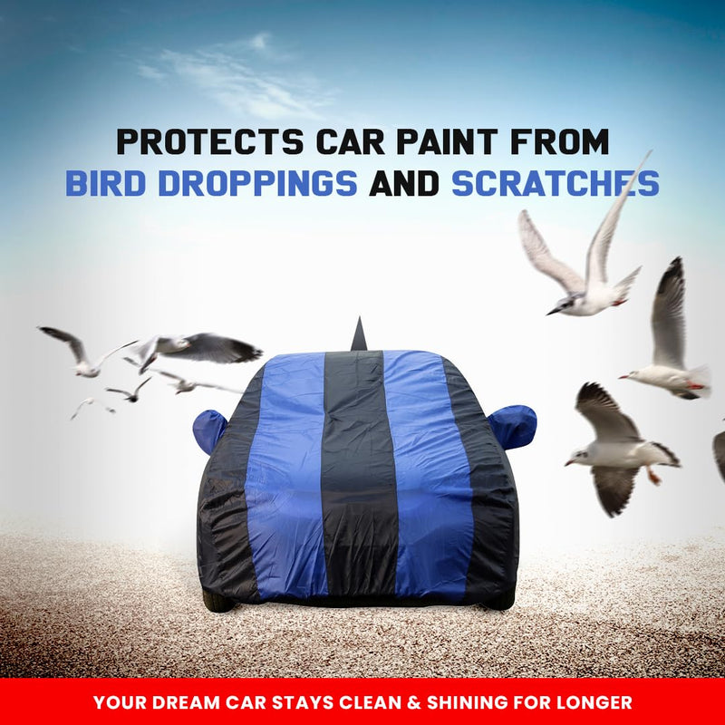 Autofact Swift Car Cover - EasyShield - Car Body Cover for Maruti Swift - With Mirror Pockets, Triple Stitched, Bottom Fully Elastic, Adjustable Belt and Buckle (Royal Blue Stripes)