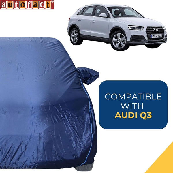 Autofact Q3 Car Cover - CoreProtect - Water Resistant Car Body Cover for Audi Q3 - With Mirror Pockets, Triple Stitched, Bottom Fully Elastic, Adjustable Belt and Buckle (Navy 210D)