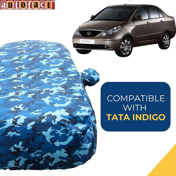 Autofact Indigo Car Cover - TearTough - Dog Proof / Waterproof Car Body Cover for Tata Indigo - With Mirror Pockets, Triple Stitched, Bottom Fully Elastic, Adjustable Belt and Buckle (Airforce Blue 4x4)