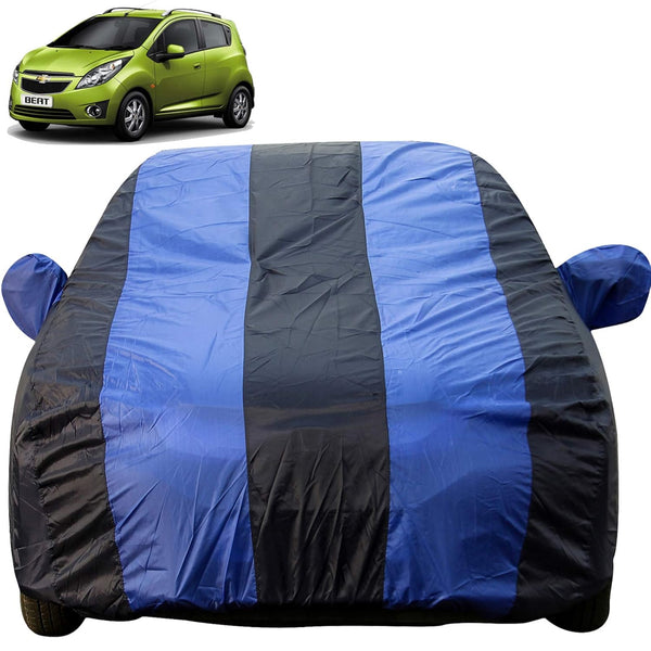 Autofact Beat Car Cover - EasyShield - Car Body Cover for Chevrolet Beat - With Mirror Pockets, Triple Stitched, Bottom Fully Elastic, Adjustable Belt and Buckle (Royal Blue Stripes)