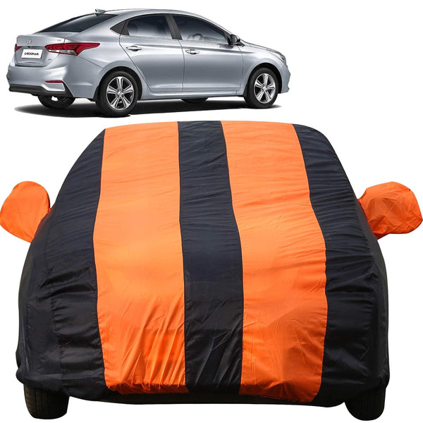 Autofact NexGen Verna Car Cover - EasyShield - Car Body Cover for Hyundai NexGen Verna - With Mirror Pockets, Triple Stitched, Bottom Fully Elastic, Adjustable Belt and Buckle (Orange Blue Stripes)