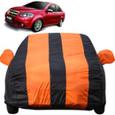 Autofact Aveo Car Cover - EasyShield - Car Body Cover for Chevrolet Aveo - With Mirror Pockets, Triple Stitched, Bottom Fully Elastic, Adjustable Belt and Buckle (Orange Blue Stripes)