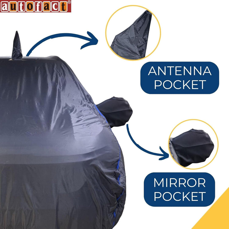 Autofact Swift Car Cover - CoreProtect - Water Resistant Car Body Cover for Maruti Swift - With Mirror & Antenna Pockets, Triple Stitched, Bottom Fully Elastic, Adjustable Belt and Buckle (Grey 210D)