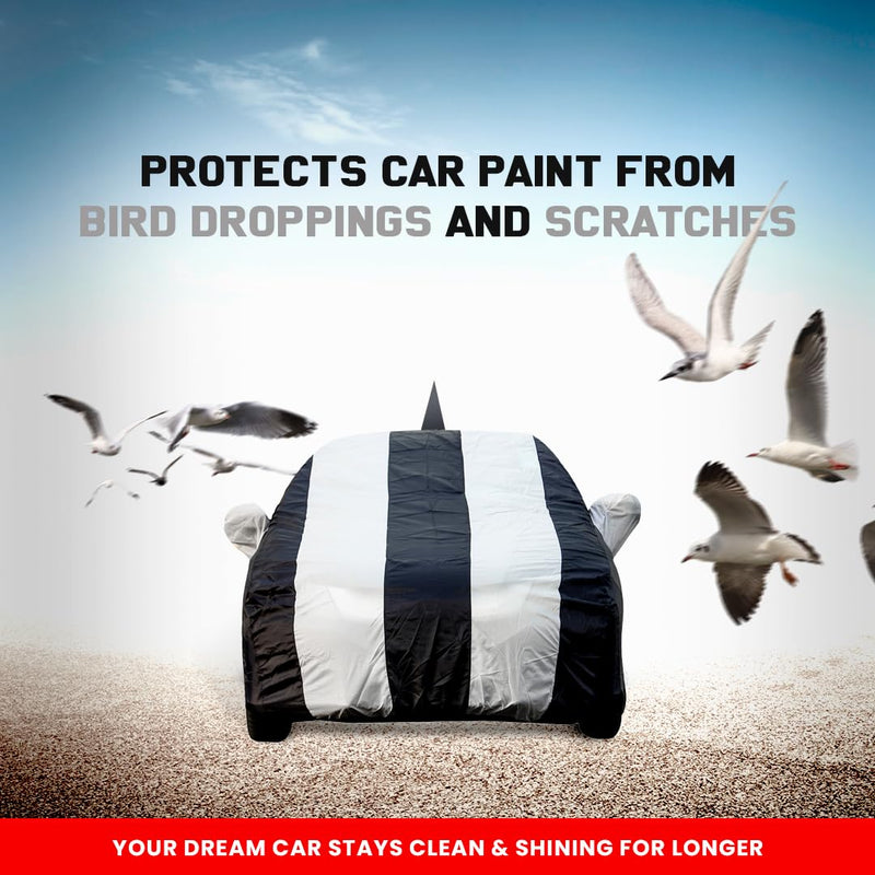 Autofact Swift Car Cover - EasyShield - Car Body Cover for Maruti Swift - With Mirror Pockets, Triple Stitched, Bottom Fully Elastic, Adjustable Belt and Buckle (White Blue Stripes)