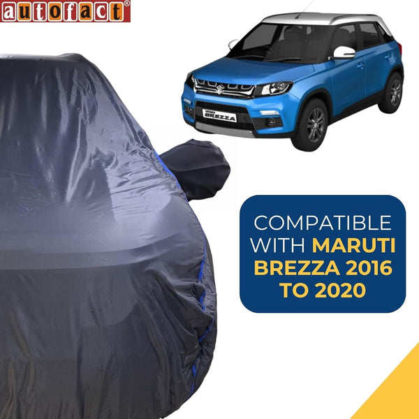 Autofact Brezza Car Cover - CoreProtect - Water Resistant Car Body Cover for Maruti Brezza - With Mirror Pockets, Triple Stitched, Bottom Fully Elastic, Adjustable Belt and Buckle (Grey 210D)
